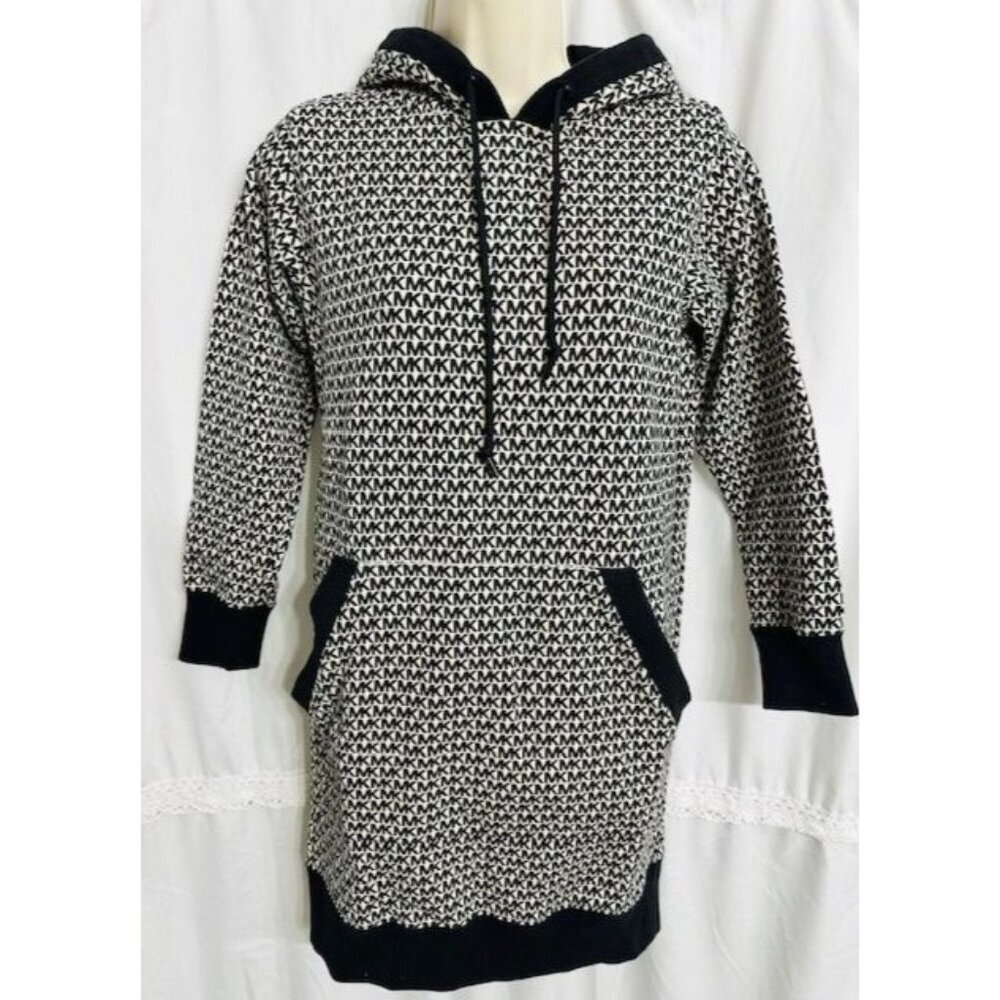Michael Kors Black & Cream Cotton MK Logo Hoodie Kangaroo Pocket Mini Dress XXS